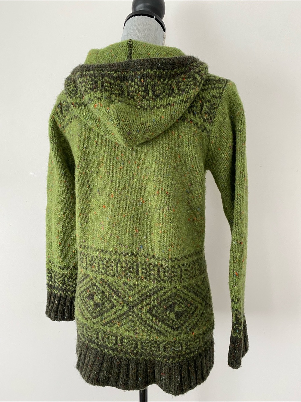 Aran Crafts Green Patterned Wool Hooded Zip Cardigan Ireland Made Sz XS Keltic - Picture 5 of 11